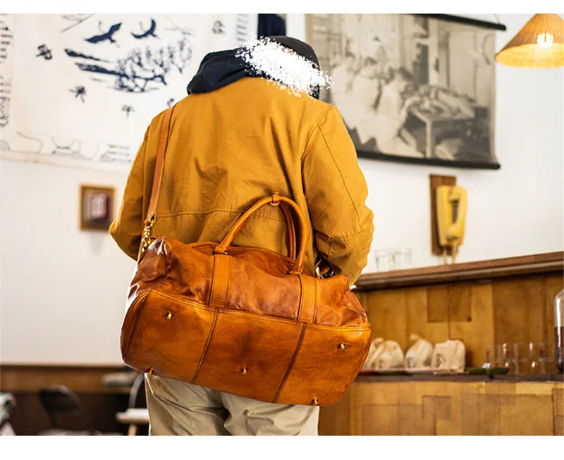 Vintage fashion luxury genuine leather men's travel bag outdoor weekend large capacity crossbody bag real cowhide women handbag