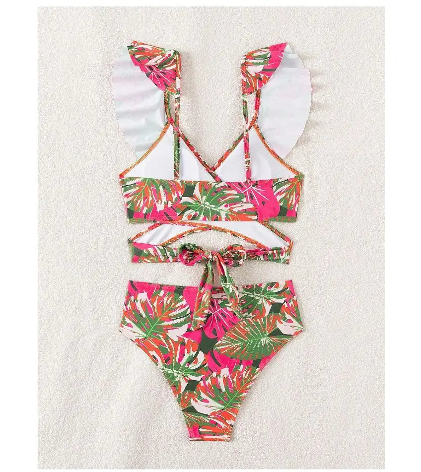 Cikini Summer Swimsuit For Women Tropical Print Ruffle Trim Summer Beach Bikini Set Summer Beach Swimwear Bathing Suit
