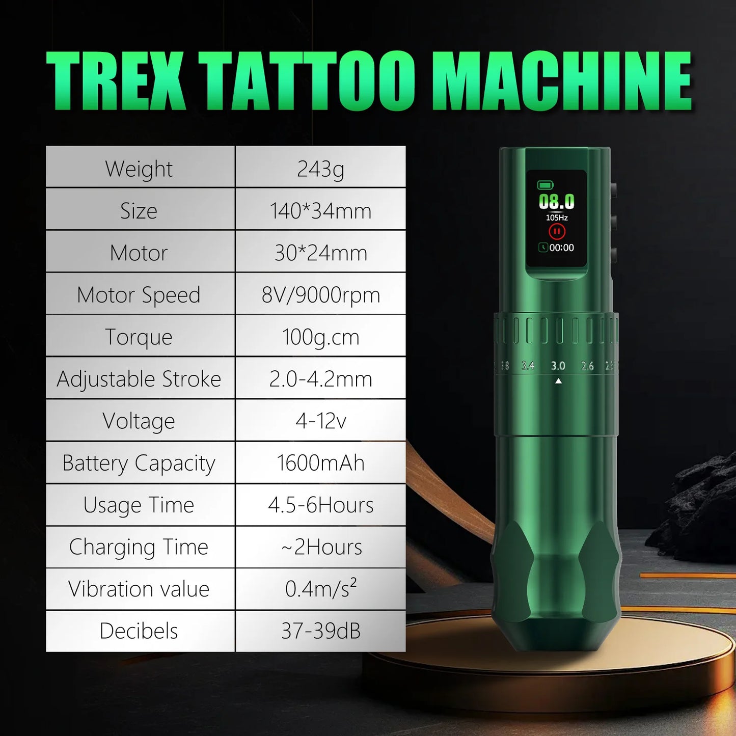 T-Rex D4 Wireless Tattoo Pen Complete Kit 2.0-4.2mm Adjustable Stroke Dot Work Mode 1600mAh Battery Full Tattoo Supplies Set