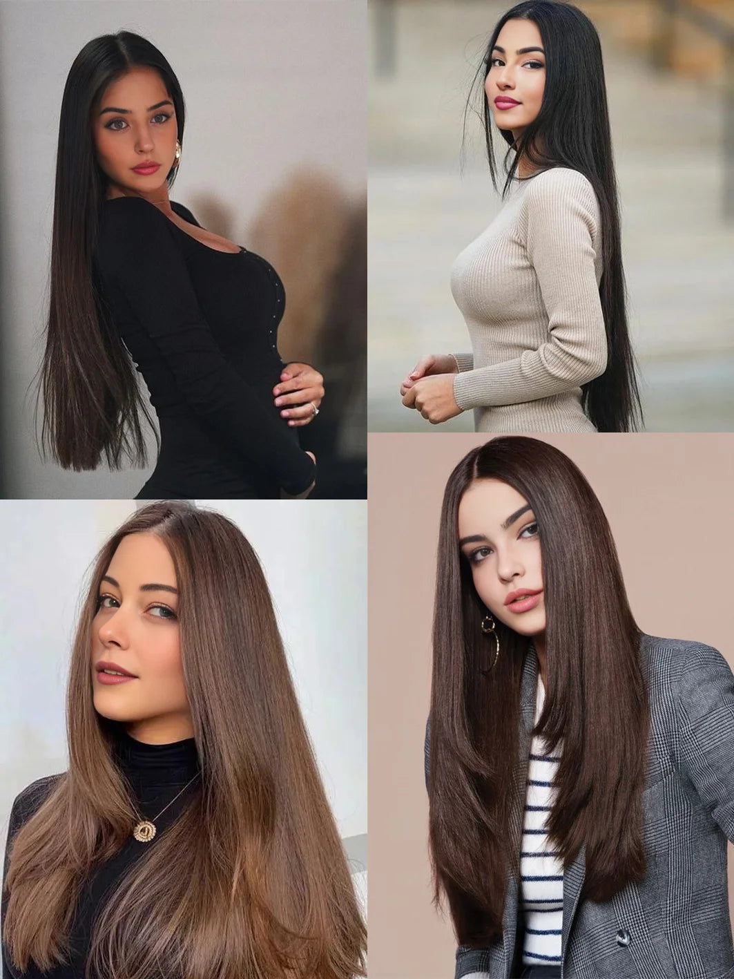 4pc synthetic women's 16inch/20inch/24inch four piece straight hair extensions, black/brown wig, suitable for daily wear