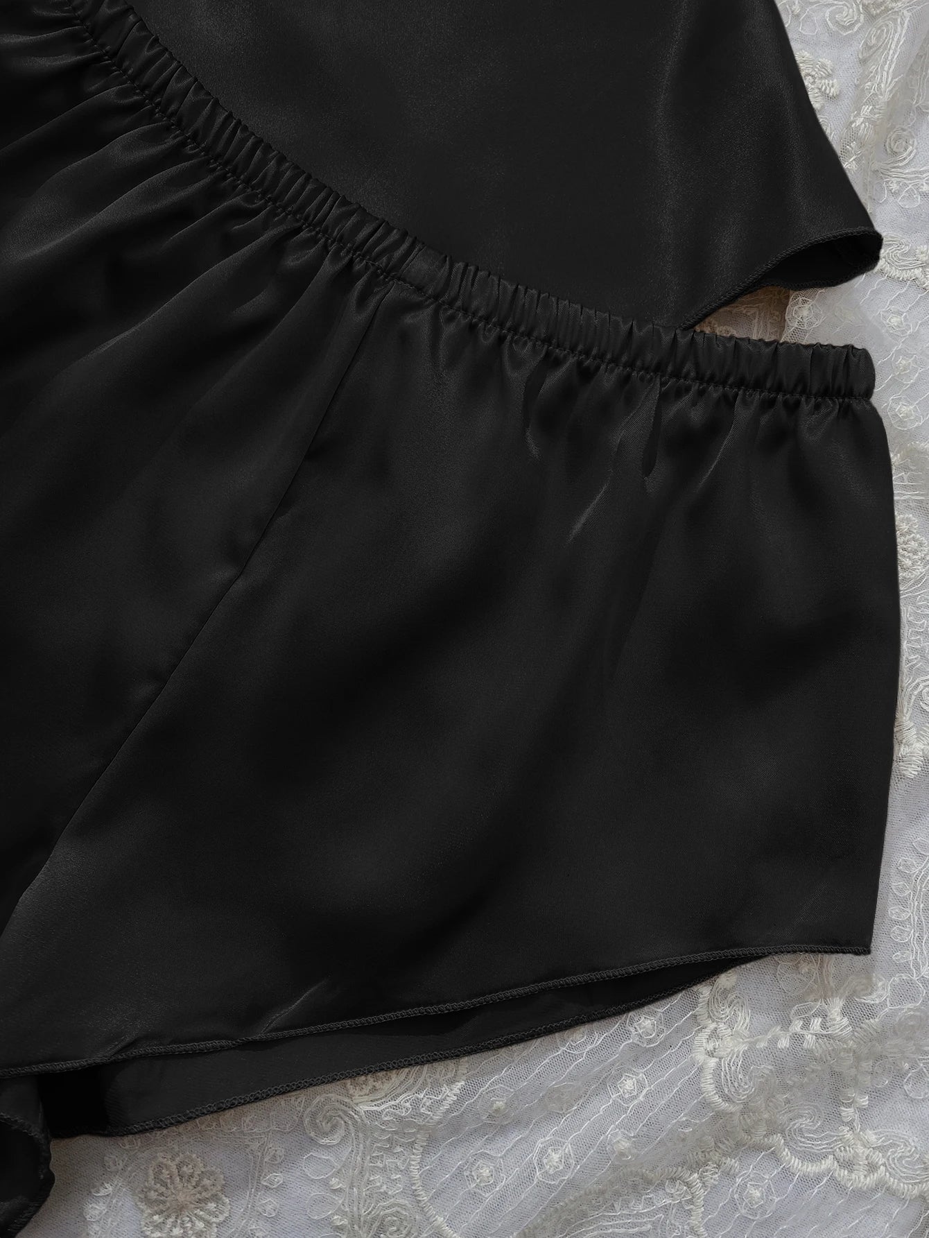 Solid Satin Pajama Set  V Neck Cami Top   Elastic Waistband Shorts Women's Sleepwear  Loungewear