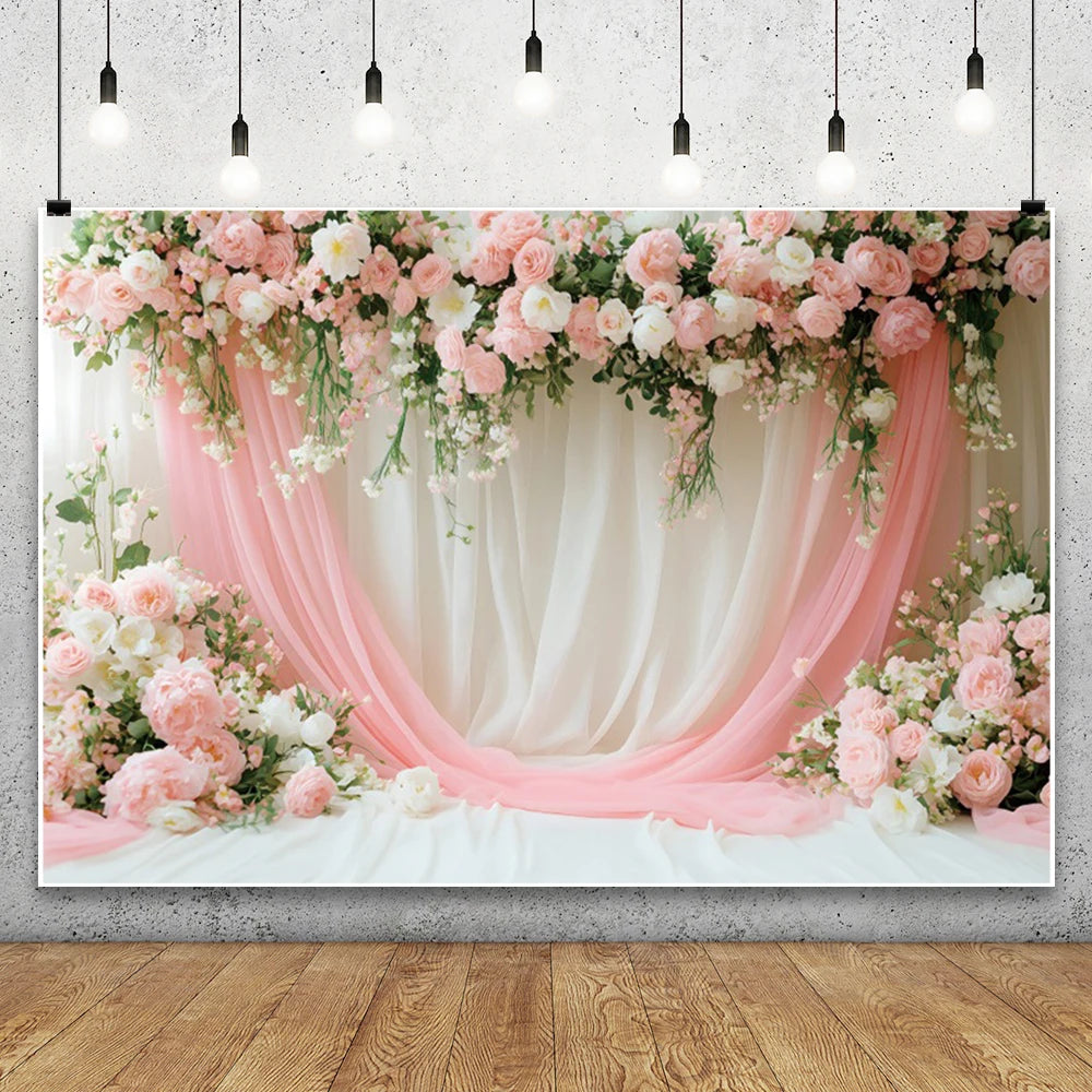 Pink Curtain Flowers Wedding Backdrop Baby Girl's Birthday Bar Mitzvah Portrait Photographic Background for Photo Studio Shoot