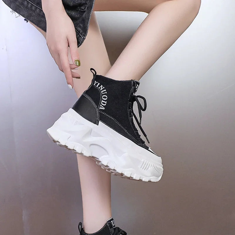 Women Sneakers High Top Platform Breathable Leather Shoes 2023 Autumn Ladies Wedges Casual Shoes For Woman Sports Dad Shoes 8CM