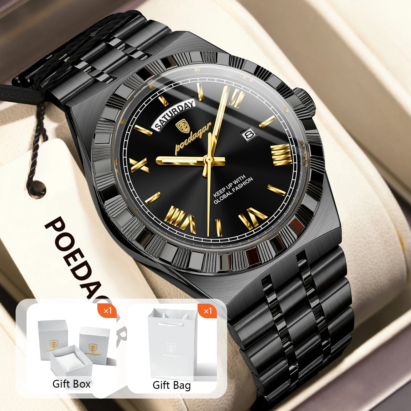 POEDAGAR Original Male Watch Luminous Waterproof Week Date Men Wristwatch Stainless Steel Business Quartz Men's Watches Gift+Box
