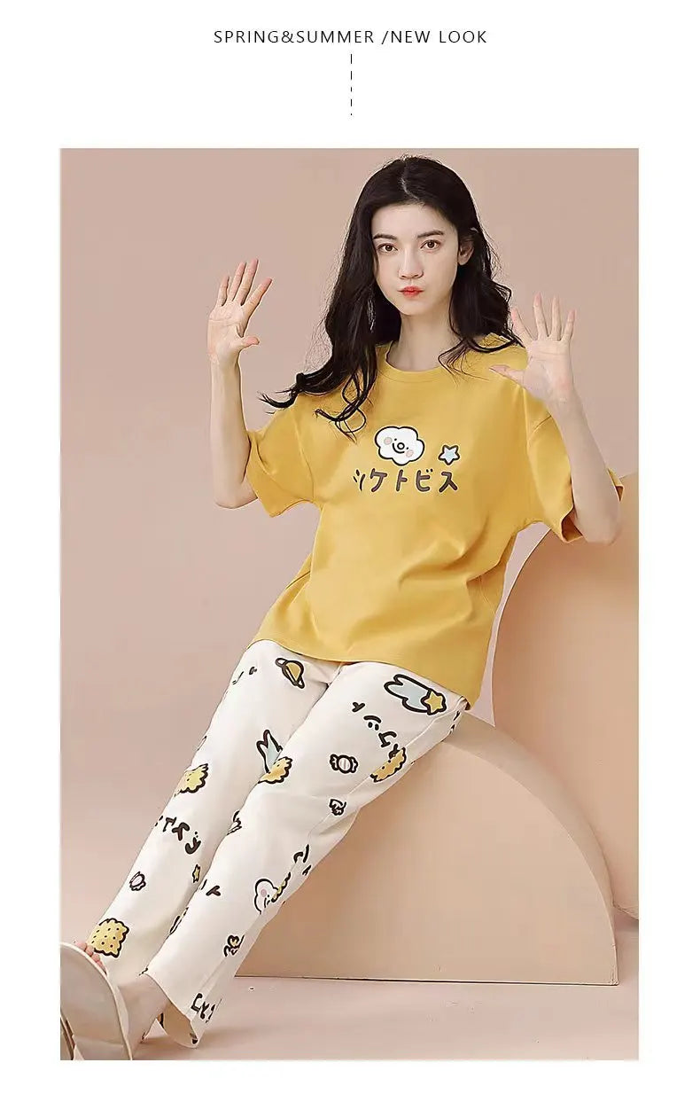 Pyjamas Set for Women‘s Short Sleeve Long Pants Student Casual Cartoon Bear Sweet Cuet Sleepwear Loungewear Romantic Nightwear