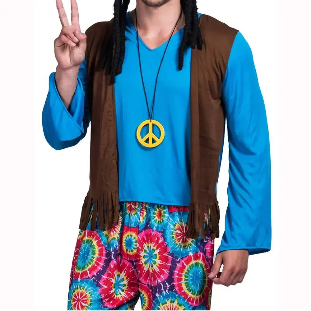 Halloween Costume d'Halloween pour Homme, Ensemble Pantalon, Chemise, Frange, Cadre en Verre, Collier, Chapeau Rasta, Dreadlocks