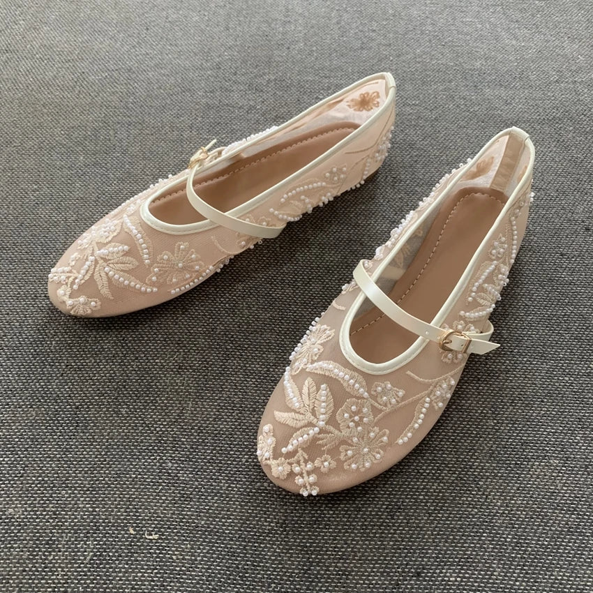 Women Design Embroidery Flowers Pearl Mesh Round Tor Buckle Strap Ballet Flats Loafers Ladies Mary Jane Shoes Woman Mules Sandal