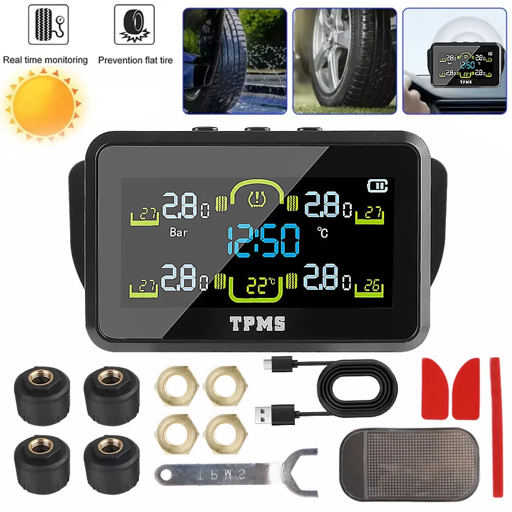Car Tire Pressure Monitoring System Solar TPMS Sensors Security Alarm LCD Display Tyre Pressure Monitor Temperature Warning