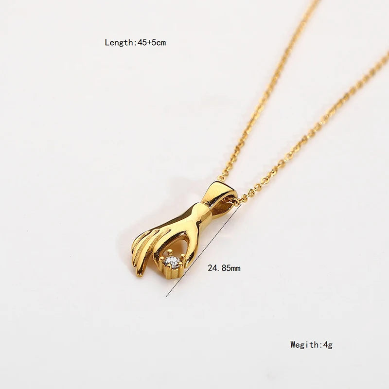 Dancy Fairy Stainless Steel Shiny Stone Abstract Palm Pendant Necklace for Women 18K Gold Color Hand Pick Star Charm Necklace