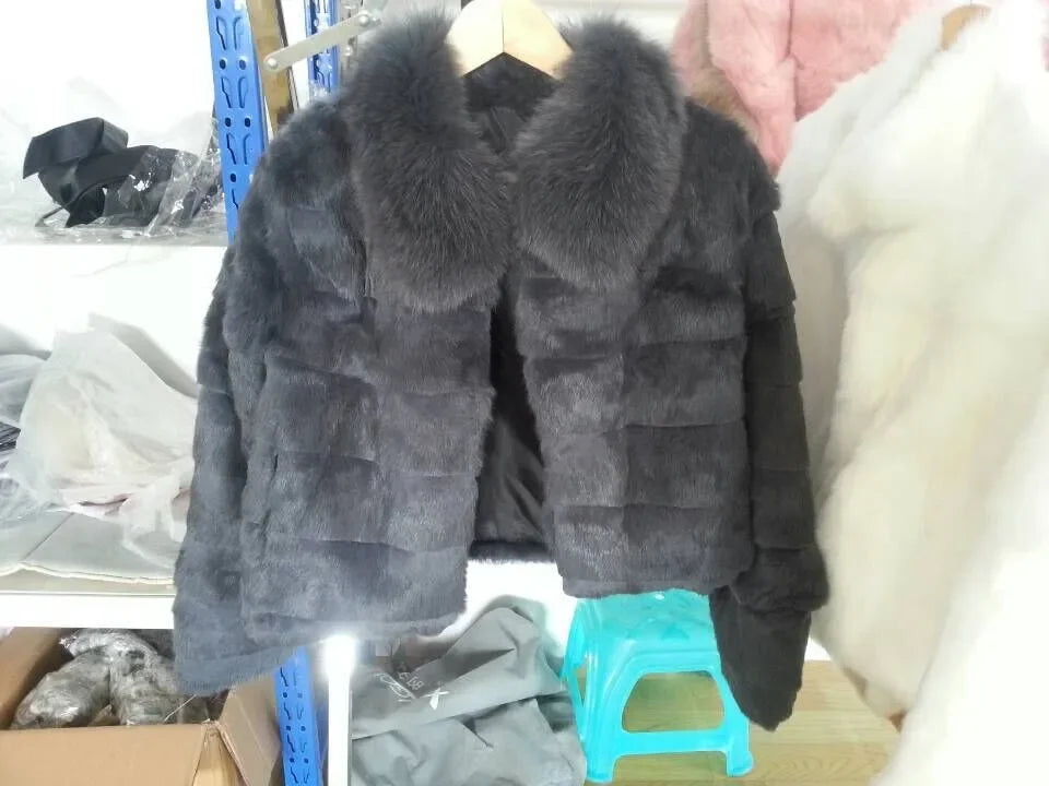 OFTBUY 2024 New Real Rabbit Fur Coat with Fox Fur Collar Women Full Pelt Fox Fur Jacket Winter Rabbit Fur Waistcoat High Street