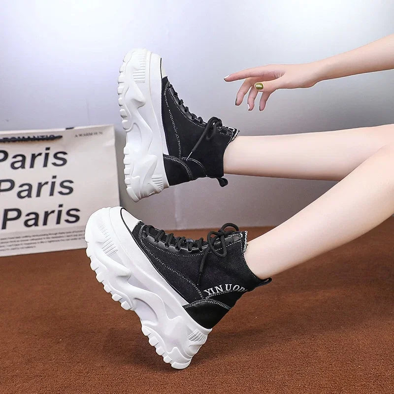 Women Sneakers High Top Platform Breathable Leather Shoes 2023 Autumn Ladies Wedges Casual Shoes For Woman Sports Dad Shoes 8CM