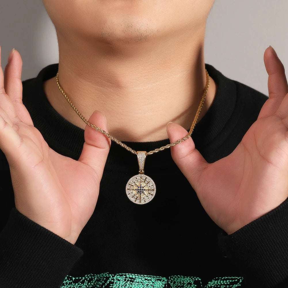 UWIN Compass Pendant Necklaces for Men Women Iced Out Black and White Cubic Zirconia Charms Fashion Jewelry for Gift