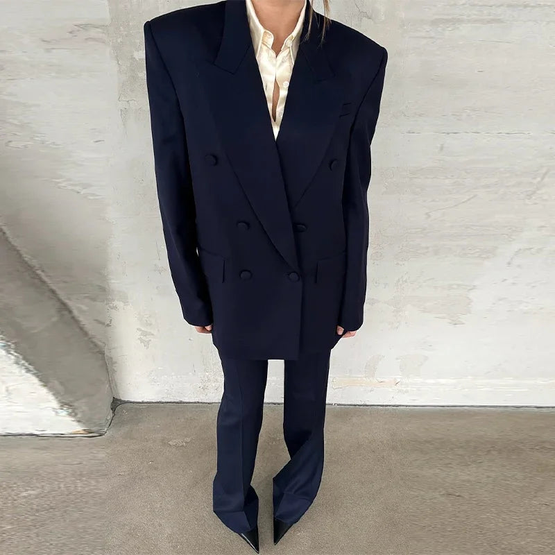 Elegant Blazer Coat Pants Set Women 2026 Lapel Double Breasted Jacket Straight Trousers Female Sets Spring Chic Lady Suit