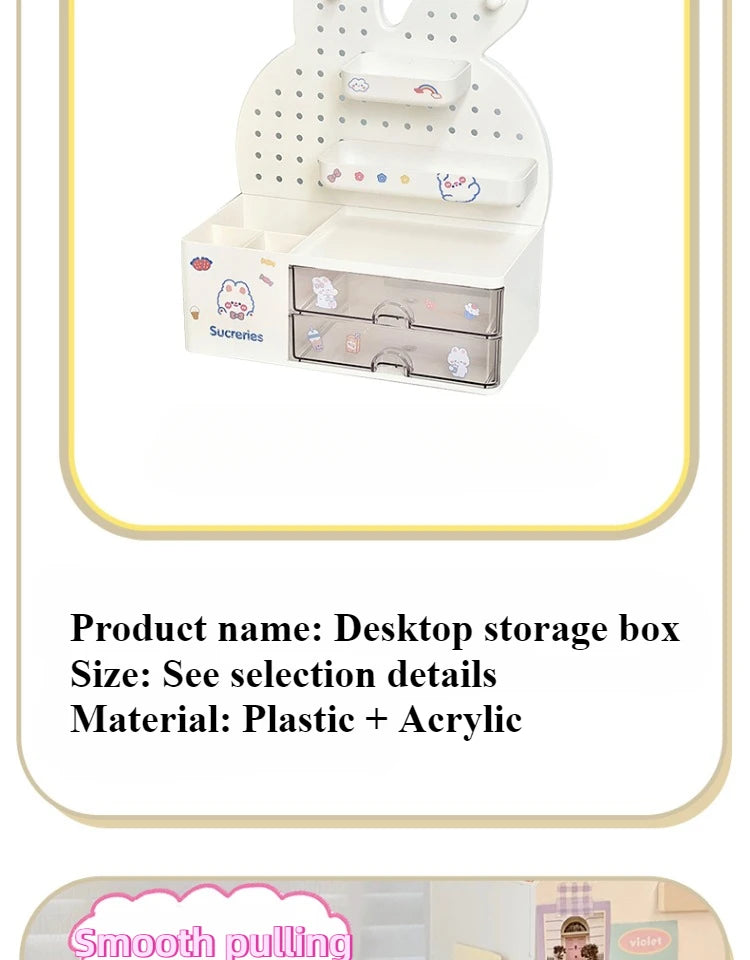 Desktop Hole Board Storage Box Desk Organizer Girls Cute Pen Holder Storage Stationary Rack Korean Kawaii Bunny Cosmetic Shelf