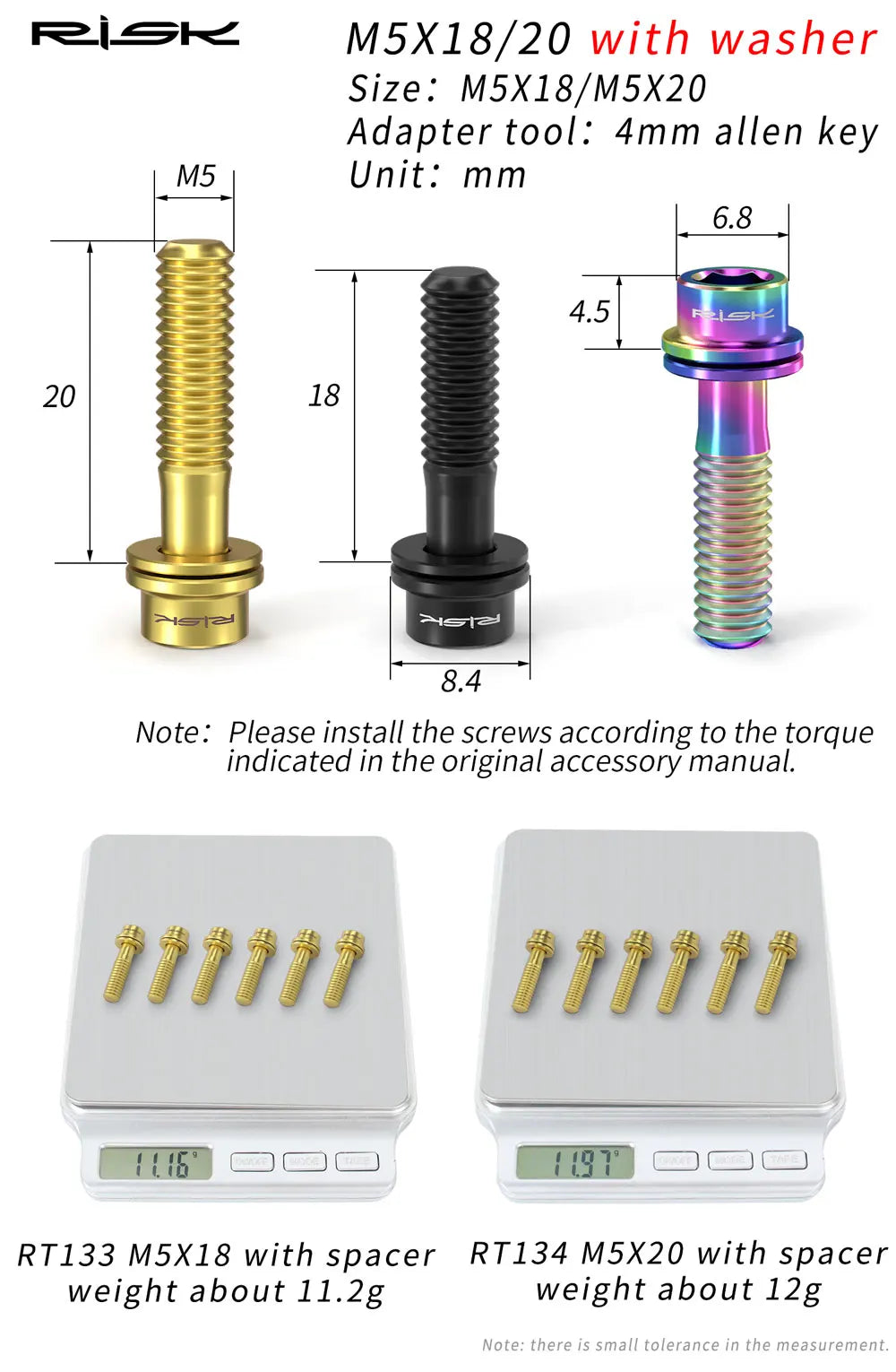 6pc RISK Ti Bolts With Washer M5x18/20mm Titanium Screw For MTB Road Bike Front Fork Bicycle Stem Fixed Bolt Cycling Accessories