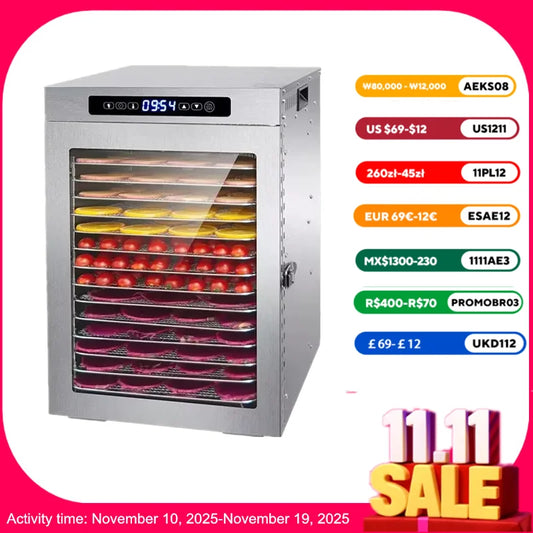 14 Trays Food Dehydrator Fruit dryer Stainless Steel Machine  1200W Household Vegetables Fruit Dryer with Digital Timer for Home