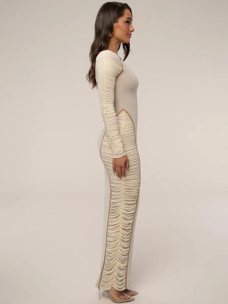 Mozision One Shoulder Backless Sexy Maxi Dress Women Gown Elegant Skew Collar Single Sleeve Ruched Bodycon Club Party Long Dress