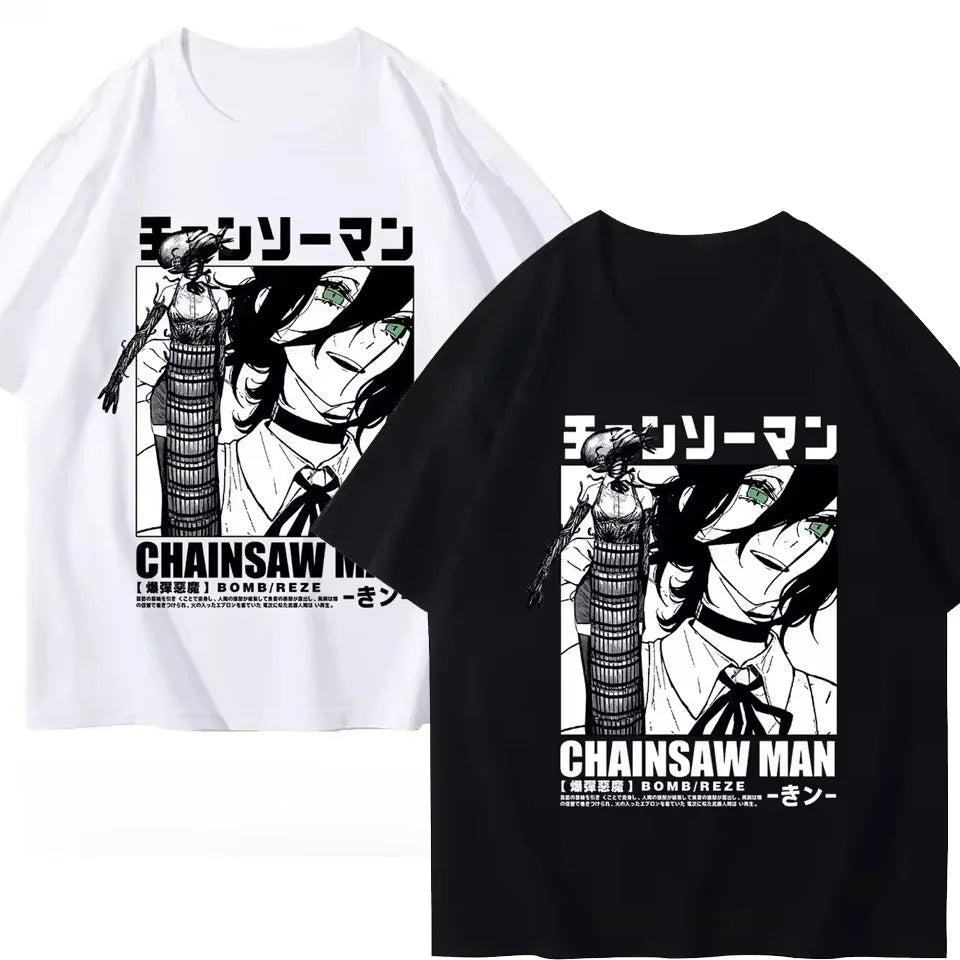 Cartoon Chainsaw Man Reze T Shirt Devil Reze Merchandise Short Sleeve Anime Japanese Style Black T-shirt Clothing