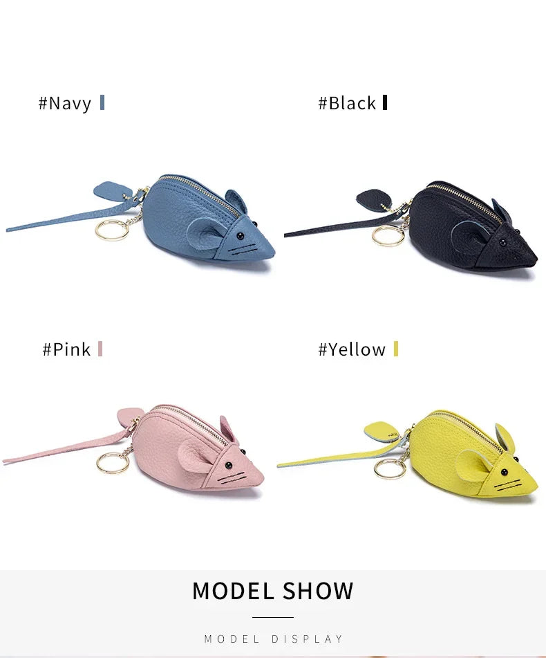Women's Leather Mini Coin Pouch - Cute Mouse Keyring Lipstick Clutch Bag with Pendant Charm for Gift Essentials