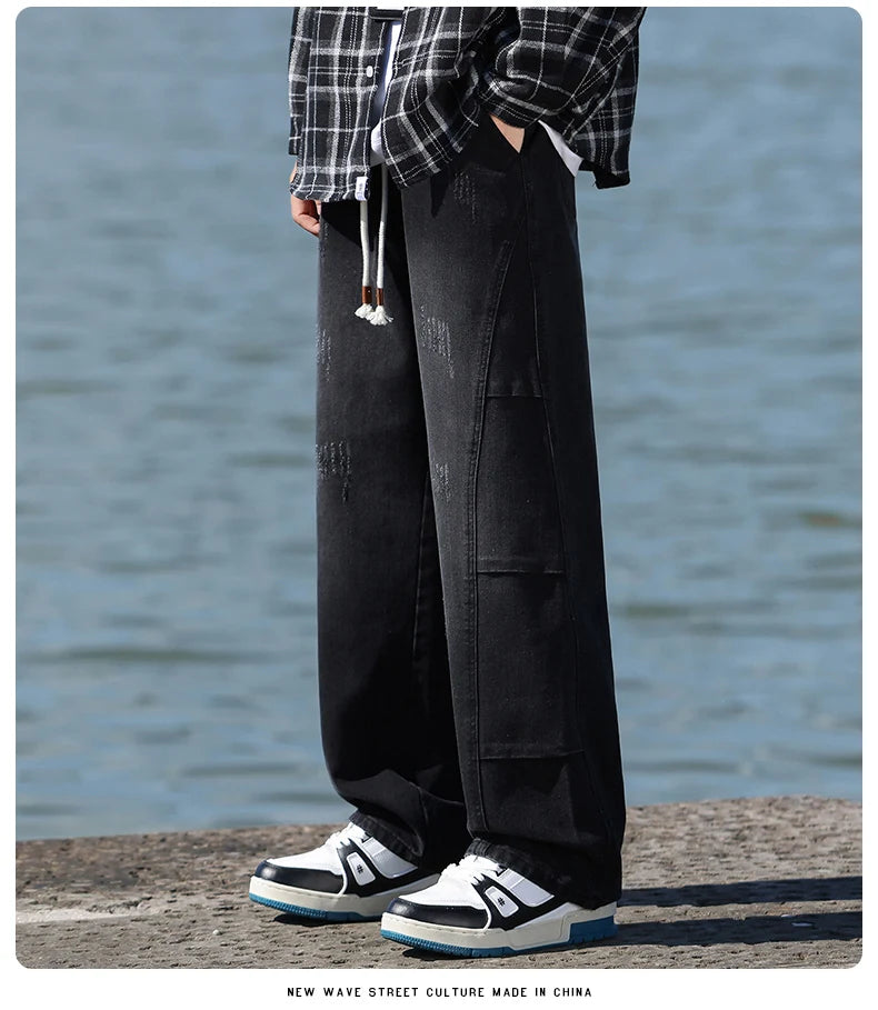 Jeans men's American high street vintage washed crease splicing men's spring and fall models loose straight pants