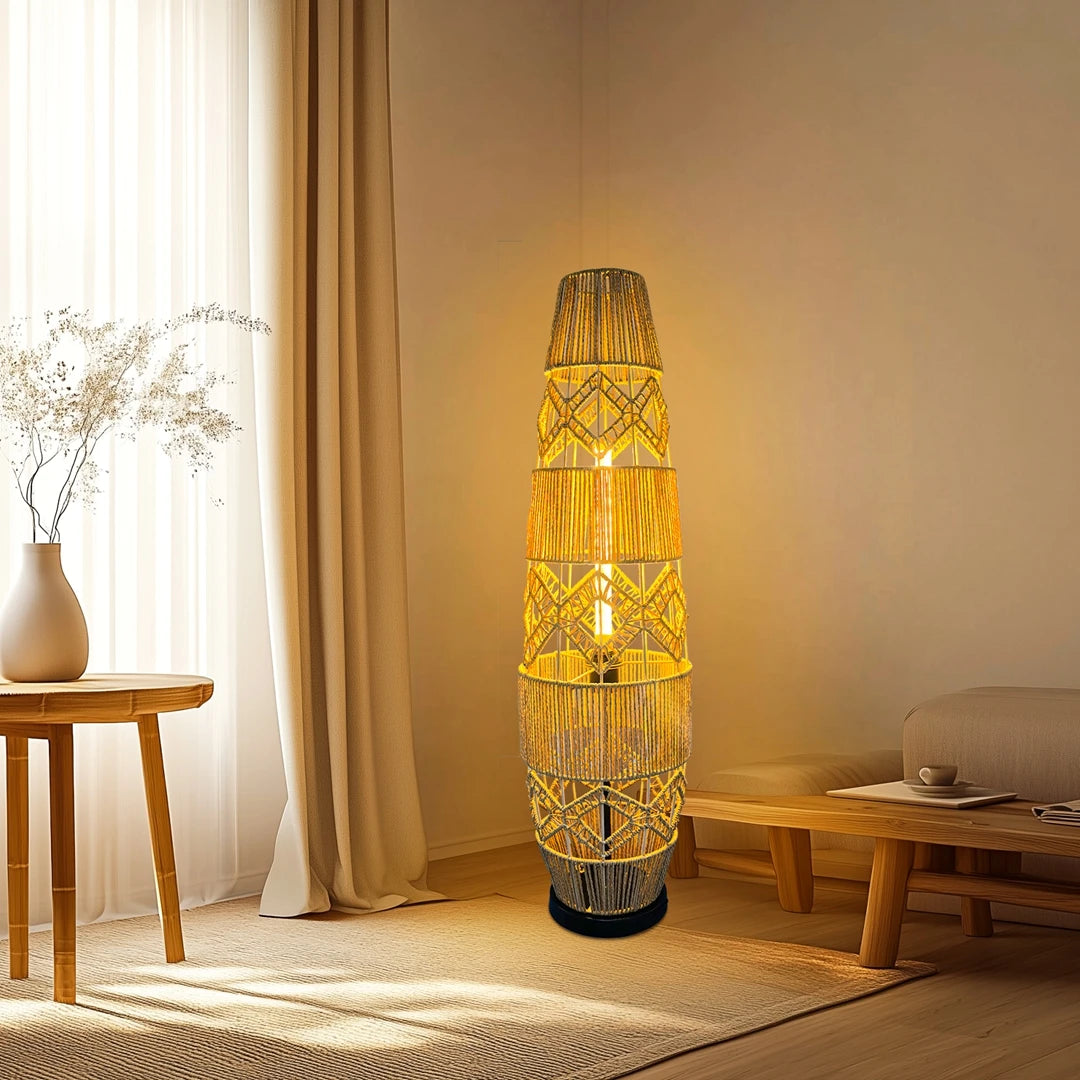 Boho Rattan Floor Lamp Hand-Woven with LED Light Bar, Corner Reading Lamp for Living Room Bedroom
