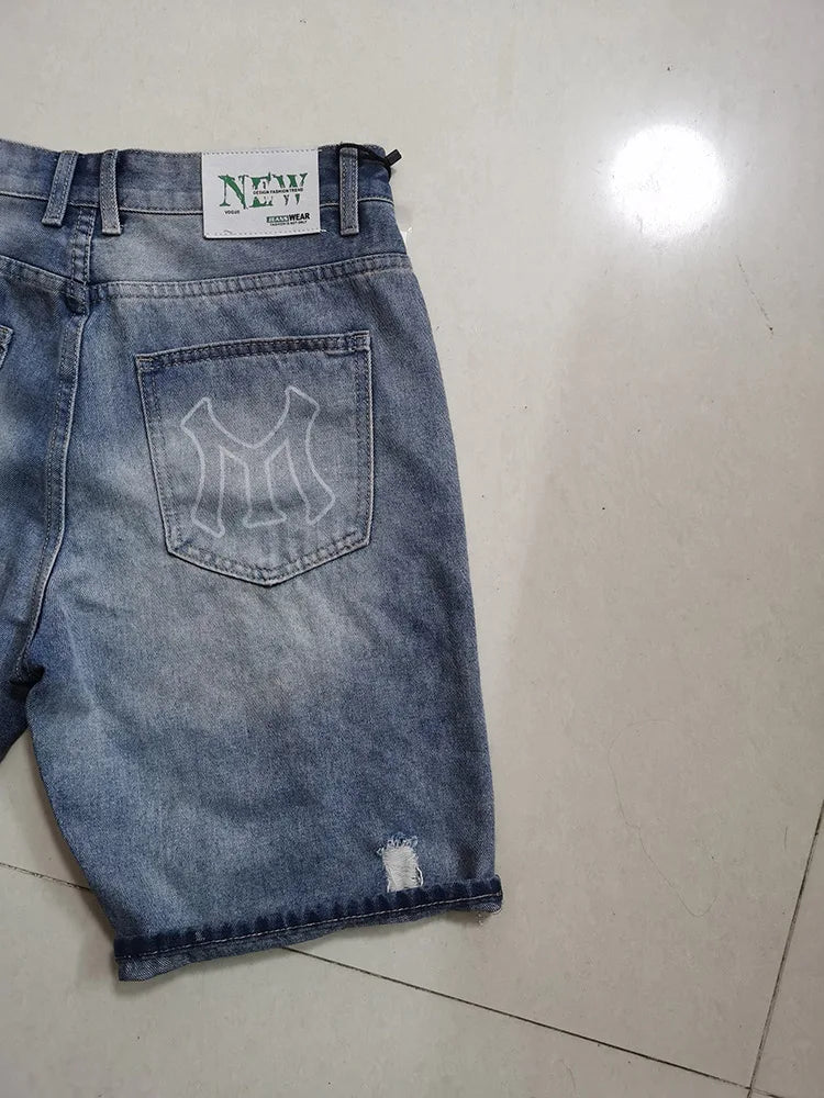 New Korean Style Clothes Luxury Washed Distressed Boyfriend Men's Casual Summer Denim Jeans Distressed Holes Prints Shorts Male