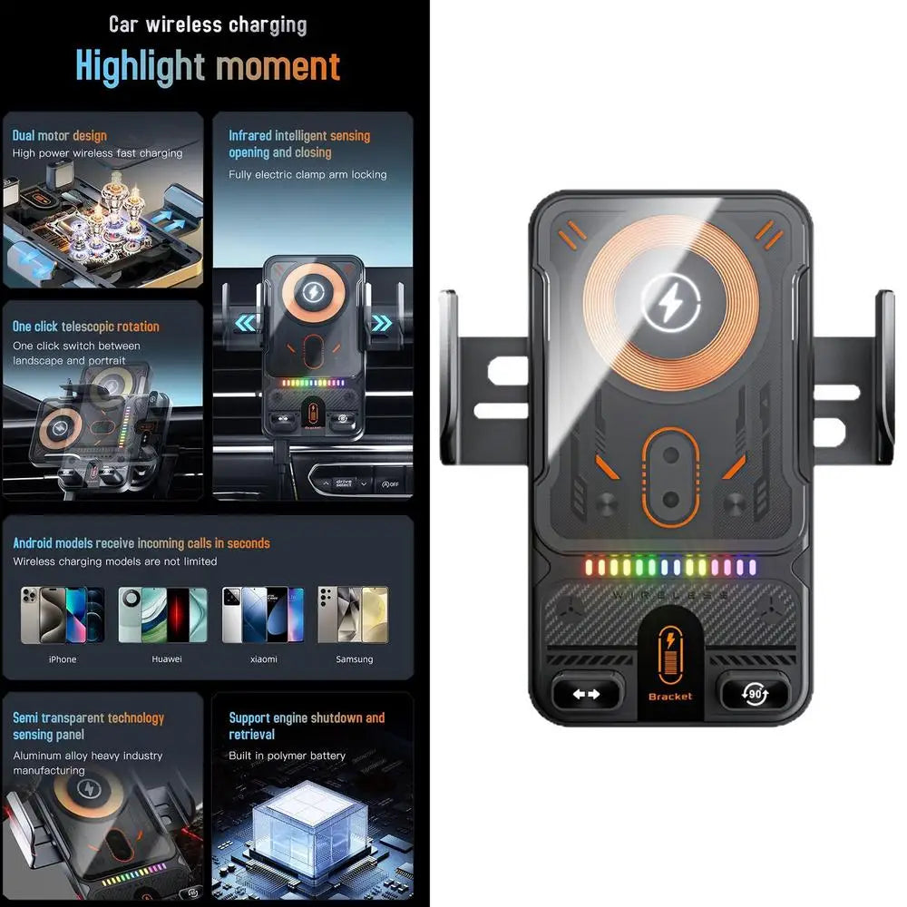 Car Holder With Dualed Motor Electric Rotating Opening Closing Mobile Phone Holder Wireless Fast Charging Phone Bracket