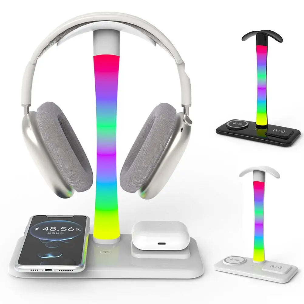 Multi Functional Headphone Stand Multi In One Wireless Charger Colorful LED Ambient Light Bracket For Headphones