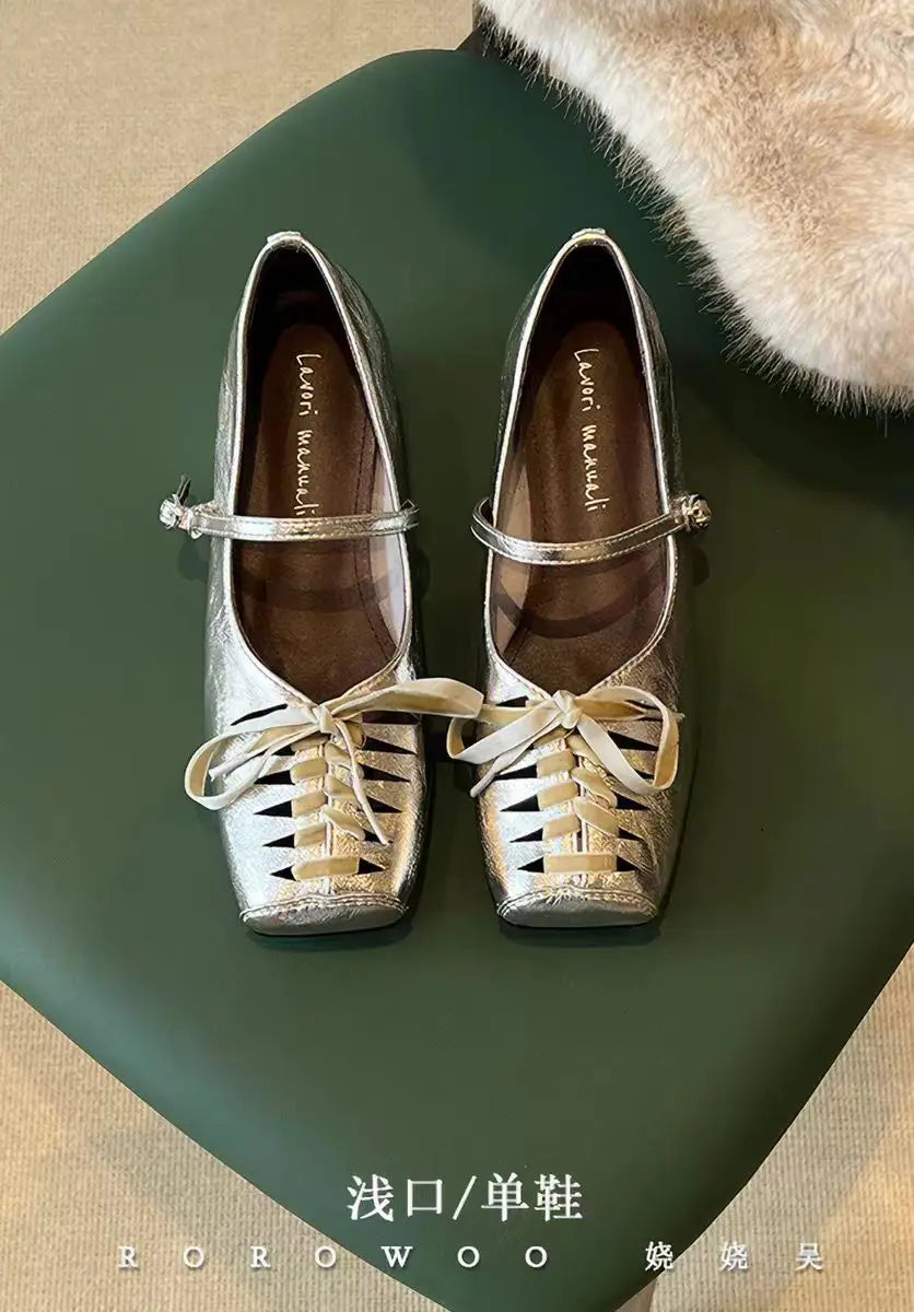 French-style Square-toe Hollow Lace-up Height-increasing Mary Jane Shoes for Women with Single-strap Fashion Shallow-cut Flats
