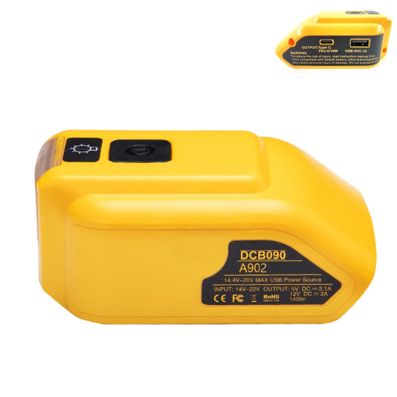 Replacement DCB090 Power Source For Dewalt 20V 18V Battery Adapter with Dual USB DC 12V LED Work Light Converter Power Supply