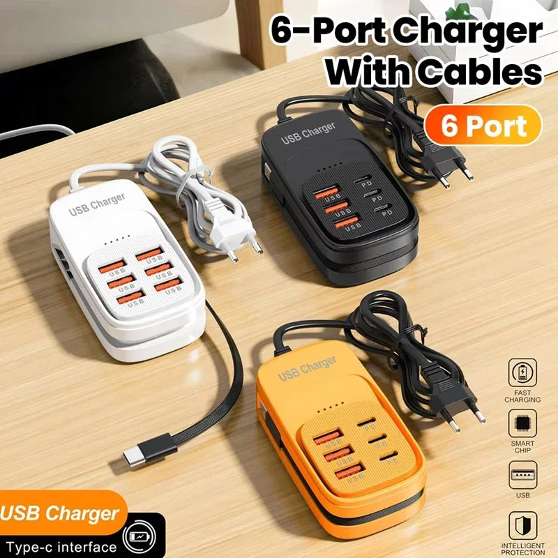 New USB Charger 6-in-1 Power Strip Desktop Charging Station With Fast Charging Cord EU US Plug USB/C HUB Adapter Socket 3PD 3USB