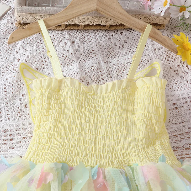 Baby Girls Big Butterfly Wings Gauze Princess Dress Lovely Kids Summer Sleeveless Tulle Sling Dress Children Birthday Party Gown