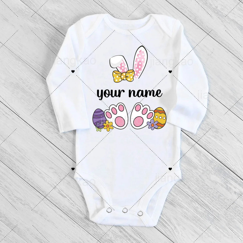 Personalized Easter Romper Easter Bunny Romper Custom Name Baby Girls Cute Outfit Newborn First Easter Party Clothes