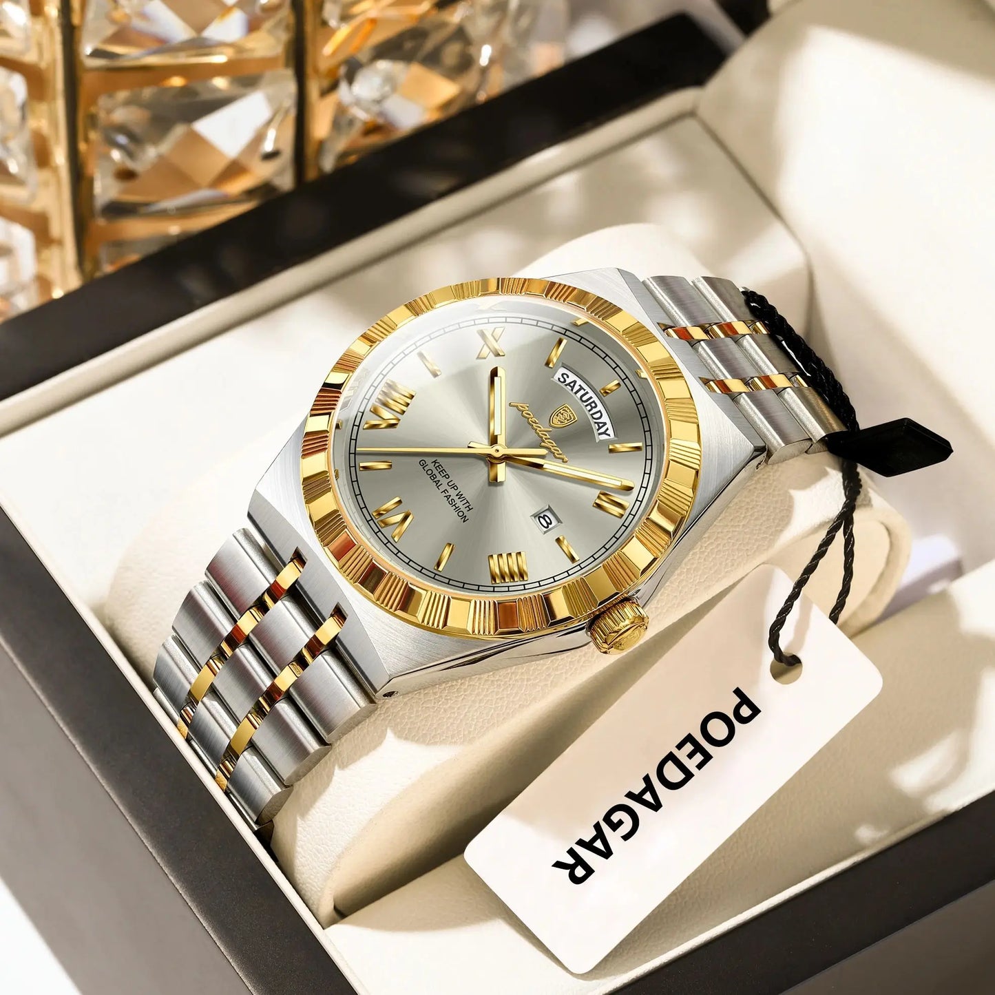 POEDAGAR Original Male Watch Luminous Waterproof Week Date Men Wristwatch Stainless Steel Business Quartz Men's Watches Gift+Box