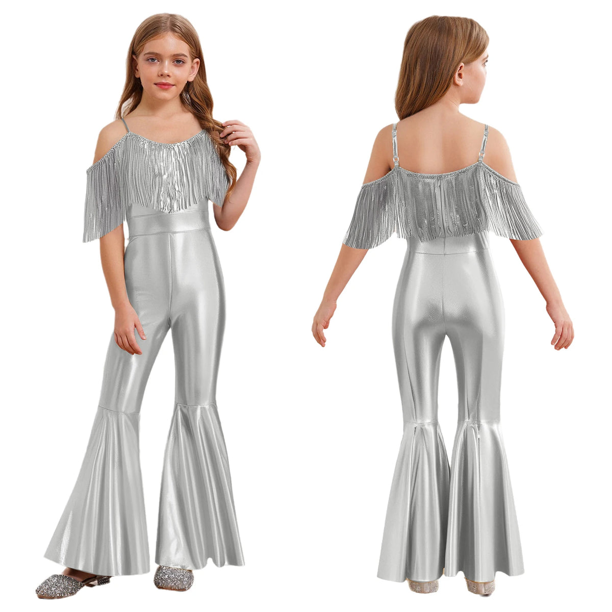 Halloween Kids Girls Hippie Costume Tassels Unitard Bell-bottom Long Pants Bodysuit Jumpsuit for Disco Dance 60s 70s Rave Party
