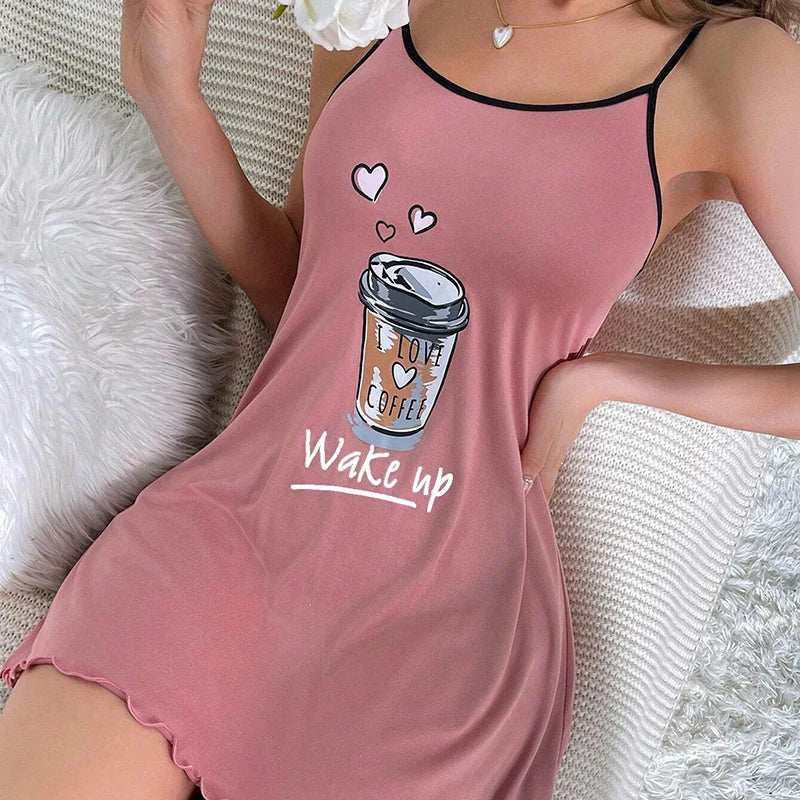 Women's Sleepwear Loungewear Casual Sexy Print Lettuce Trim Crew Neck Backless Sleep Dress Slip Nightdress Nightgown Sleepshirt