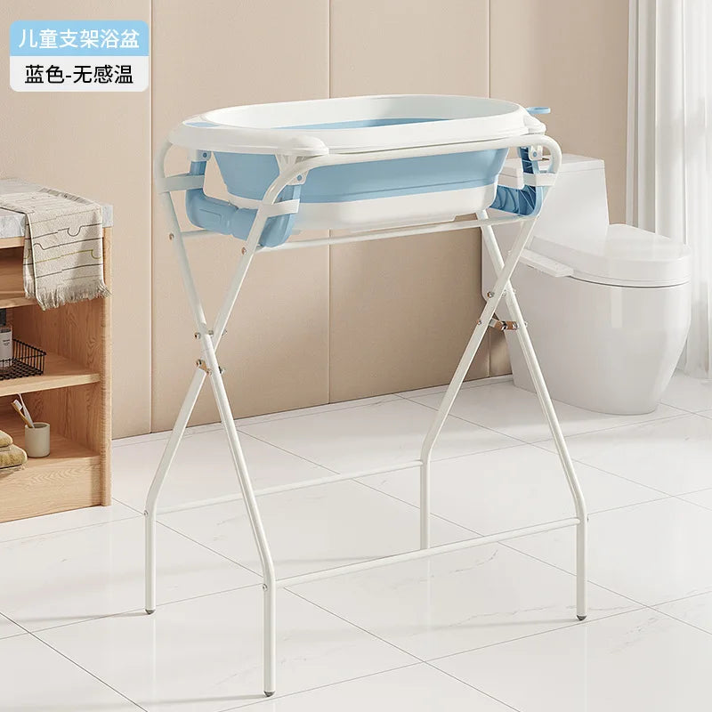 Foldable Baby Bathtub with Stand Set Newborn Bath Station No Bend Heightened Rack Infant Bath Tub with Drying Clothes Stand