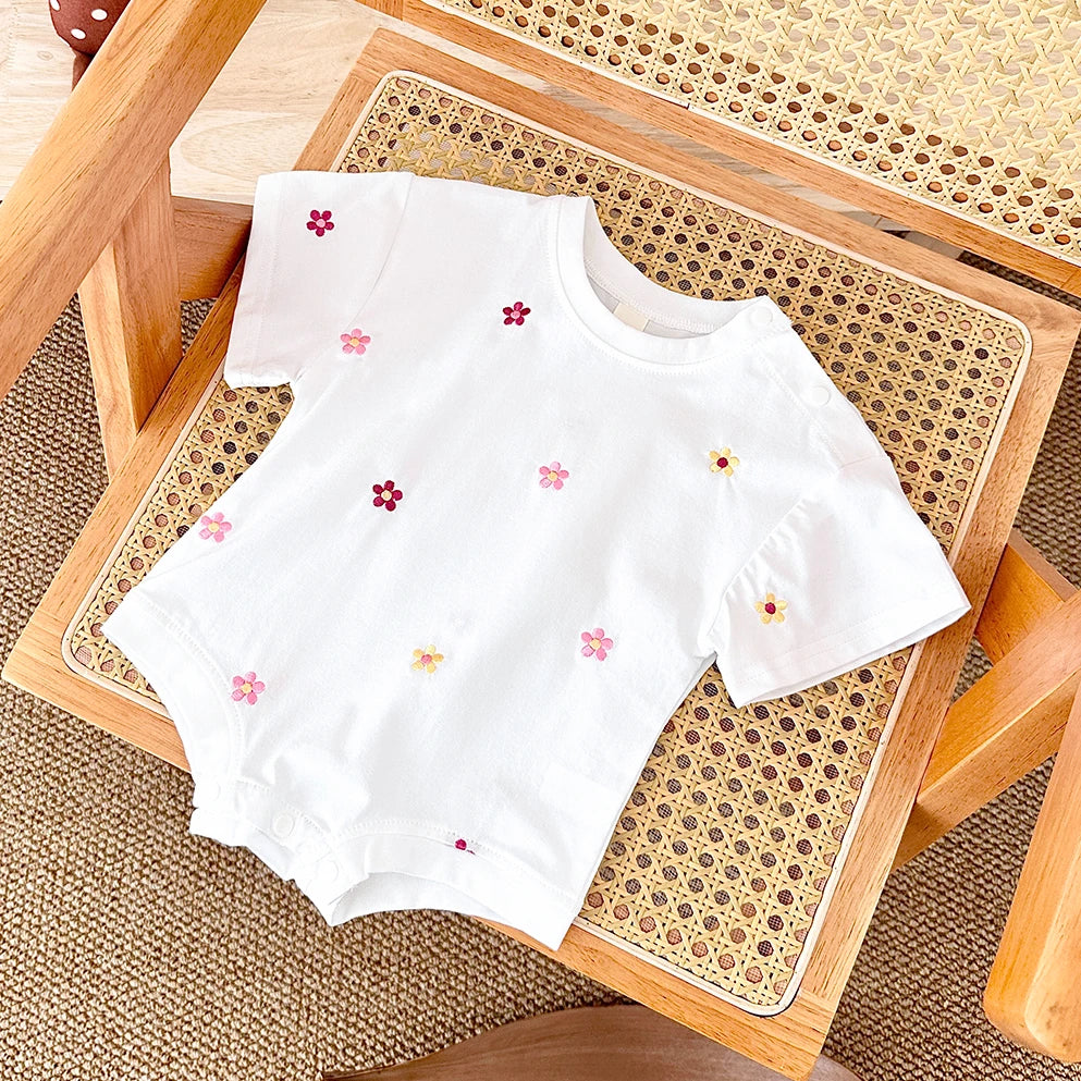 2024 Newborn Summer Baby Romper Floral Print Round Neck Short Sleeved Cotton Girls Child Clothing Jumpsuit 0-18M Infant Bodysuit
