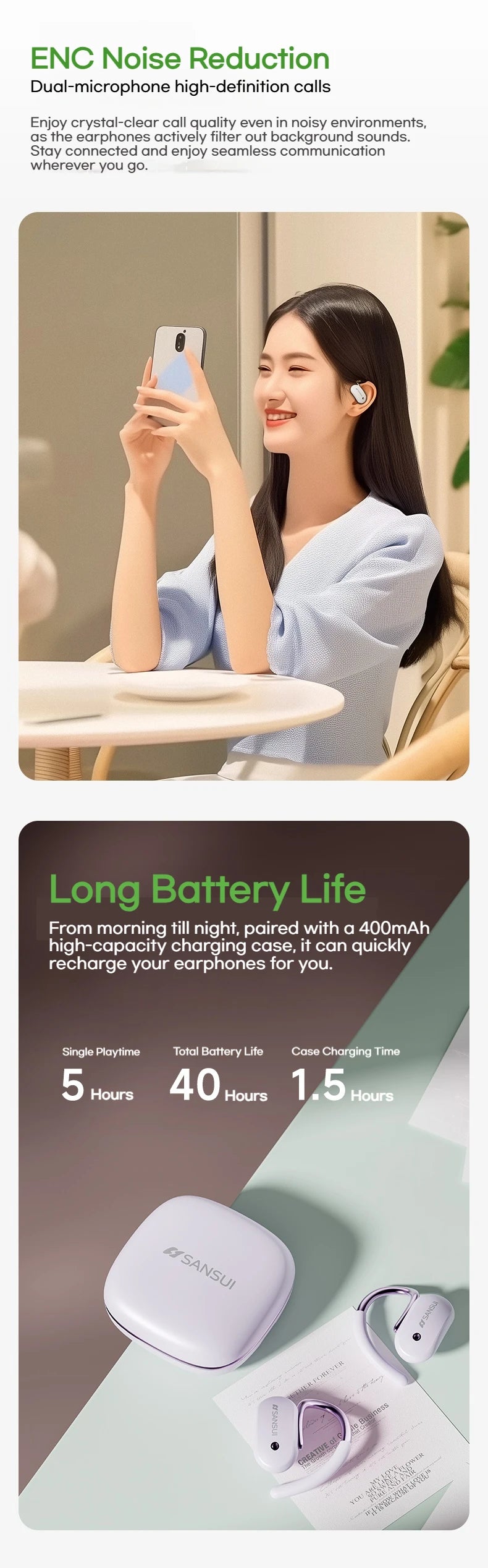Sansui W15 Open Ear Bluetooth Earphones 360° Spatial Sounds Bluetooth 5.4 Headphone Sports Wireless Earbuds Dual Connection