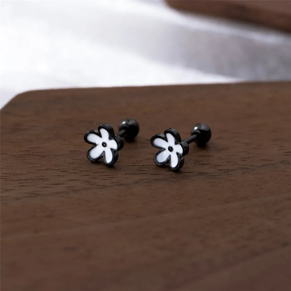YIZIZAI Womens Earrings Silver 925 Enamel Black Flower  Ear Piercing For Women Screw Silver Stud Earrings