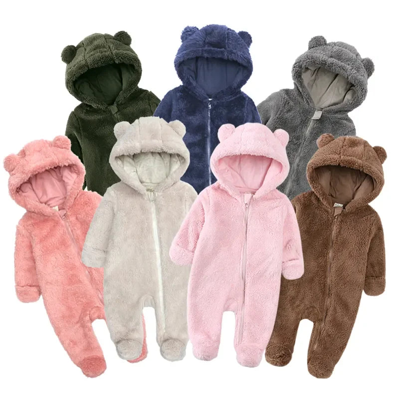 2025 Winter Thicken Fleece Newborn Baby Romper Soild Cotton Hoodies Infant Girl Onesie Toddler Boy Jumpsuits Warm Casual Outfits