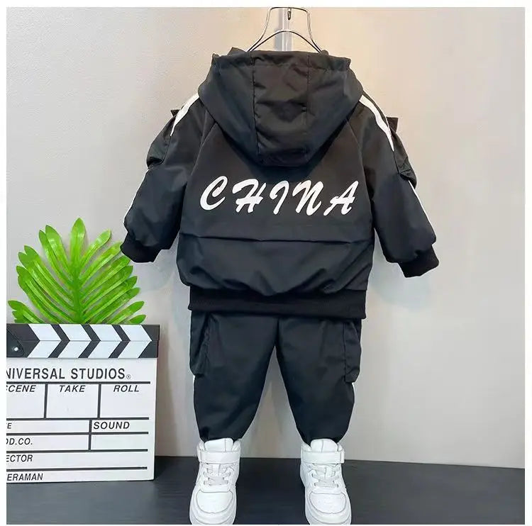 Baby Boys' Clothing Set Spring and Autumn New Handsome Children's Hooded Jacket Pants Two Piece Clothing Sports Set 2-9Y