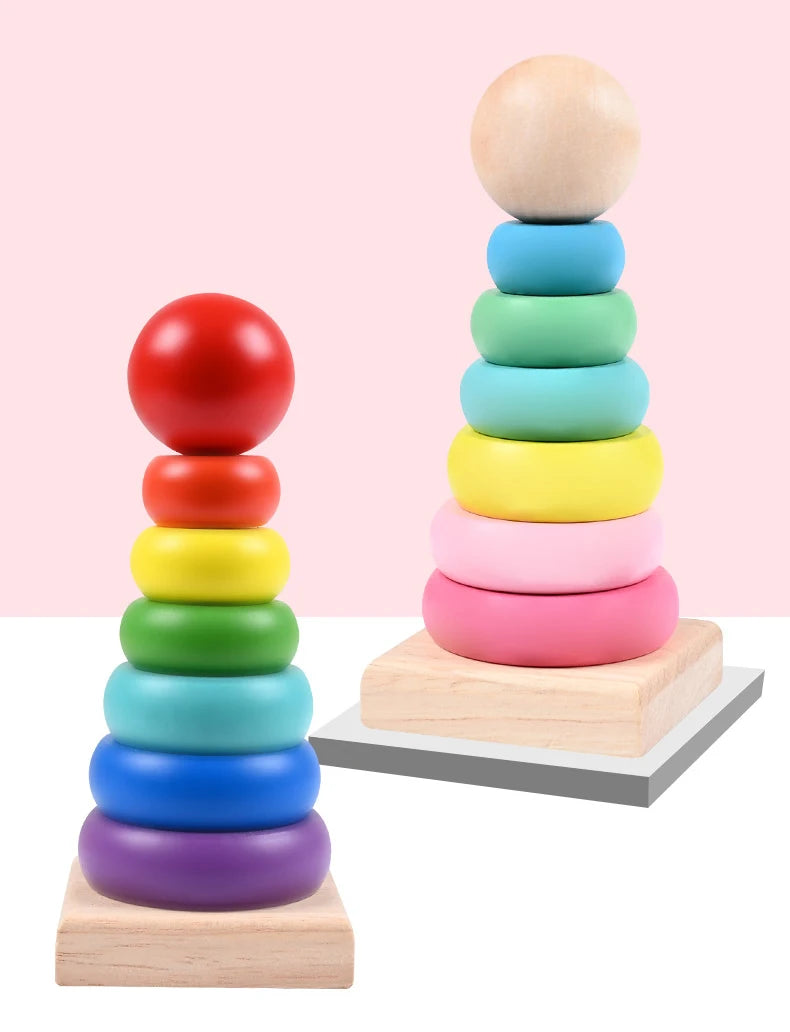 Rainbow Stacking Ring Tower Montessori Wooden Puzzle Toys Pyramid Nesting Blocks Geometric Games Children Early Education Toys