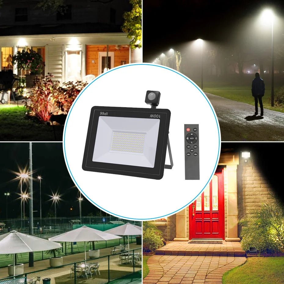 Outdoor LED Floodlight PIR Sensor 10W 20W 30W 50W 100W Cold White IP66 AC220V Garden/Street Reflector Spotlight with IR Remote