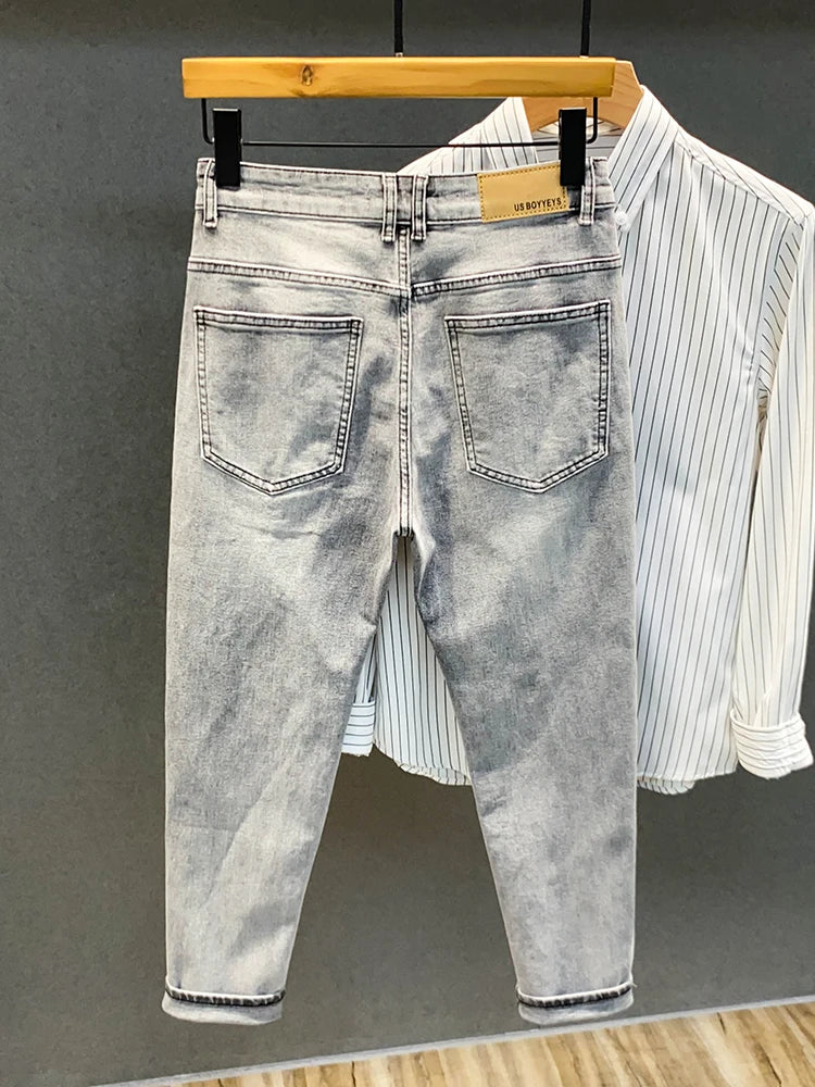 Summer ey e Nine-Ten Men's Jeans Sli Versatile Slim Fit Casual Cotton Stretch Fabric mid Waist Zipper Closure