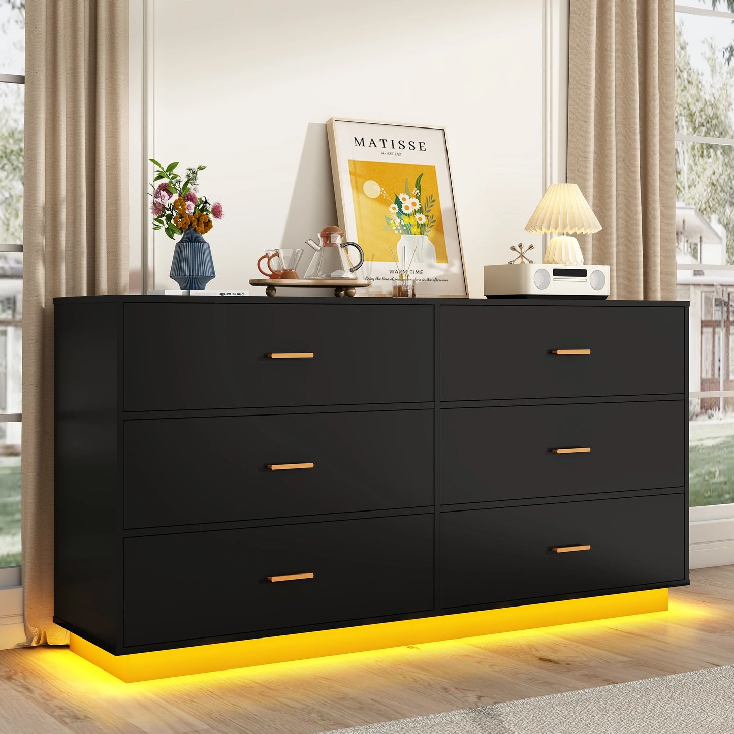 6 Drawers Dresser w/Power Outlet, 59" Long Wooden Dresser Chest, 60000-Colors Lights for Bedroom, Metal Handles of Drawers