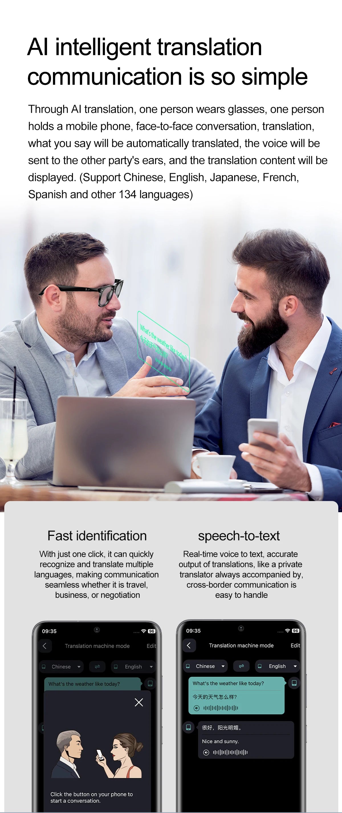 Upgrade Smart Glasses 134 Online Languages AI Automatic Translation Conversation with Speaker UV Protected Bluetooth Sunglasses