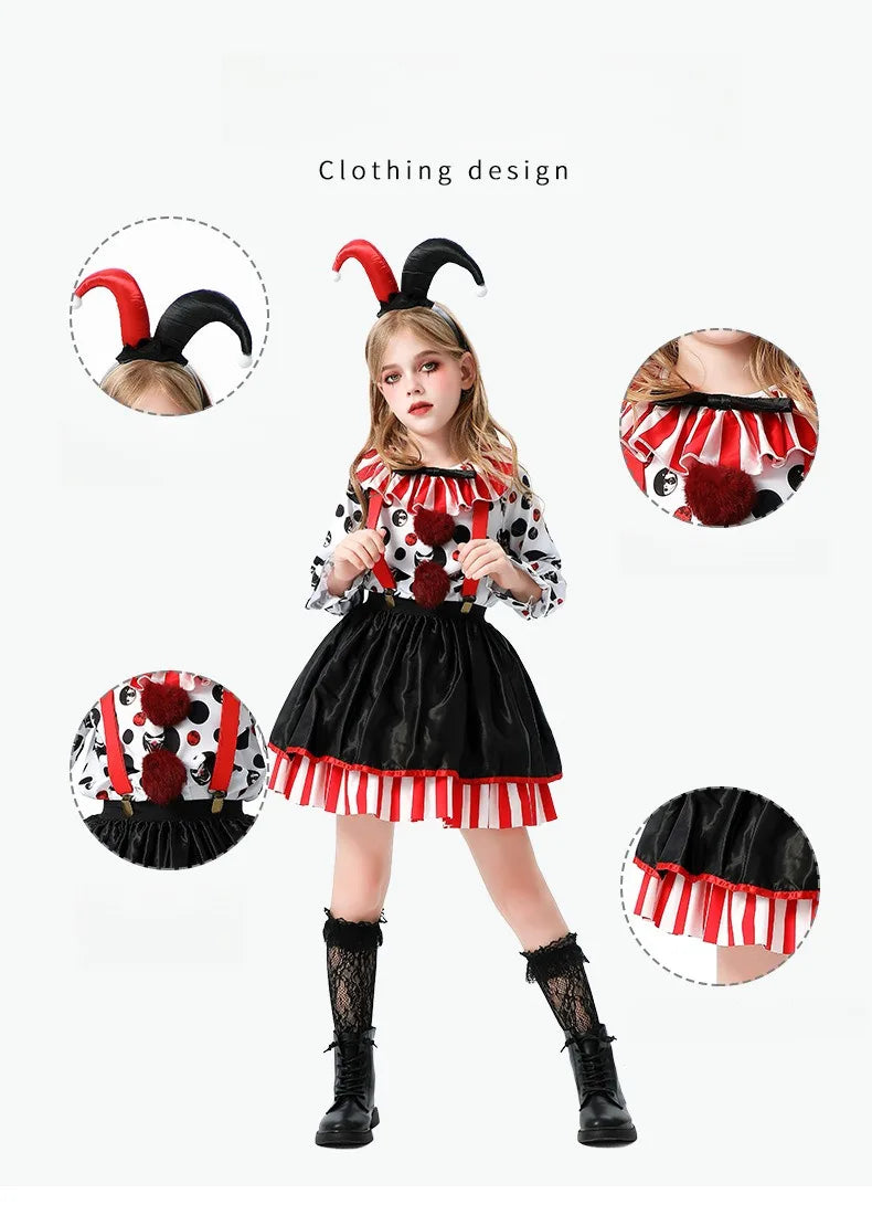 Halloween Cosplay Costumes Horror Clown Dresses Pants Headwear Clothes Sets Carnival Theme Party Role Playing Outfits for Girls