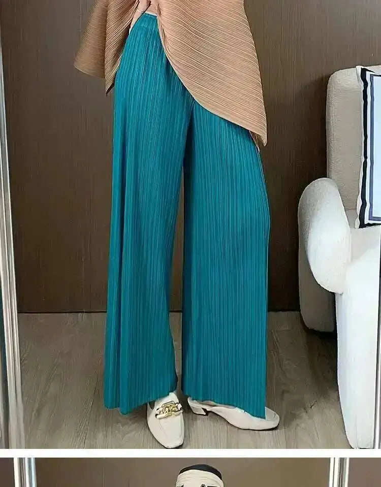 LANMREM patchwork design women's Pleated trousers elastic High Waisted Draped Straight Wide Leg Pants 2025 chic new 2DB3871