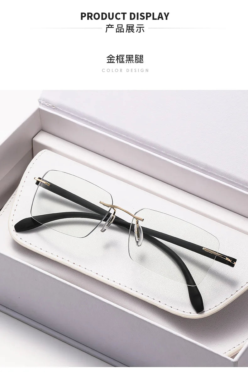 Rimless Photochromic Reading Glasses Auto Color Changing Light Sensitive Presbyopia Glasses Ultralight Frameless Eyeglasses for